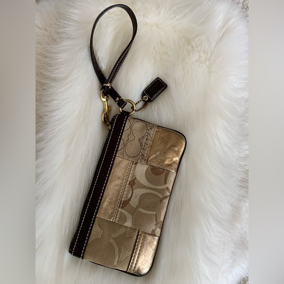 Coach Gold and Brown Leather Wristlet - Picture 1 of 12